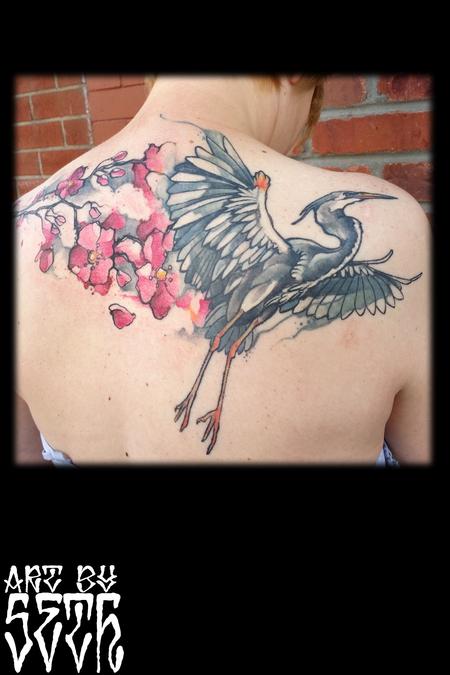 tattoos/ - Illustrative Heron Cherry Blossoms - 114802