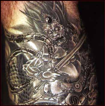Mechanical Samurai with Japanese Demon Tattoo Under the Full Moon | MUSE AI