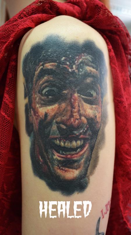 Tattoo uploaded by Artem Marchenko  Ash Williams from the Evil Dead  part of the healed sleeve  evildeadportraitblackandgreyrealistichorrorzombie  Tattoodo