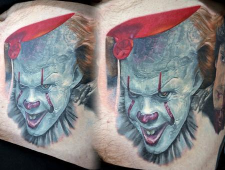 Tattoo uploaded by James Madden • Pennywise 'IT' tattoo, done by 'Temple  Max' of 'Garths Tattoos' in Deal, Kent, England. #it #Pennywise #Georgie # balloon #yellowmac #realism #realistic #color #colortattoo #clown #clown  #horror #