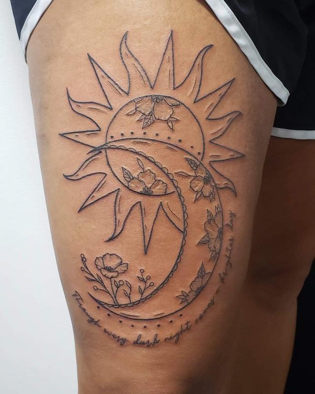 Feminine Line Work Tattoo Sun And Moon By Blake Ohrt