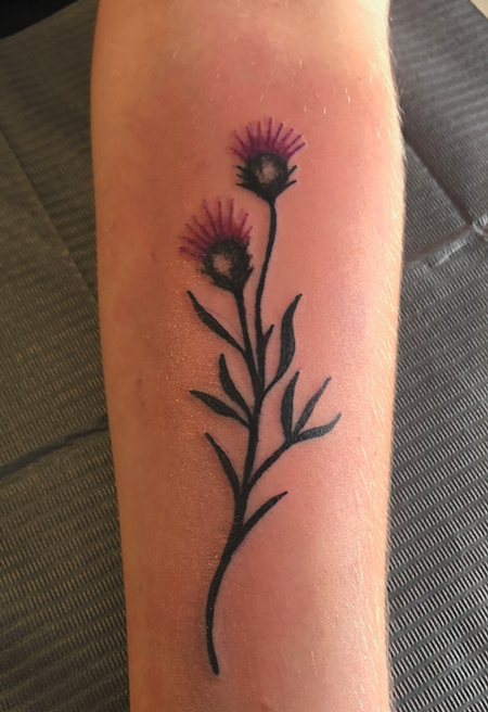 Blooming thistle : watercolour / geometric dotwork tattoo – Tattoo Studio  München | CHAOS CREW | Tätowierer München
