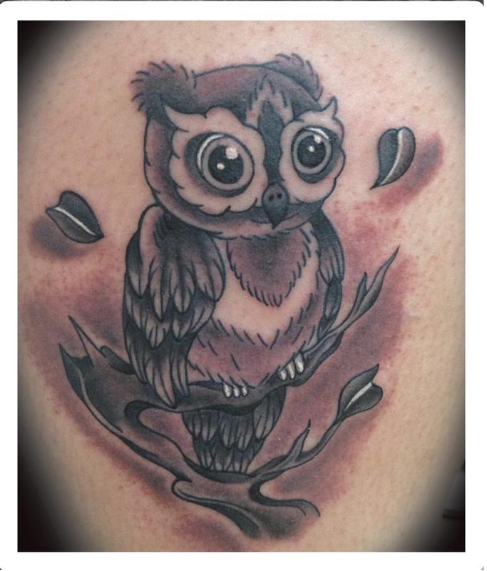 Traditional black and gray owl on a branch tattoo Scott Grosjean Art  Junkies Tattoo by Scott Grosjean TattooNOW