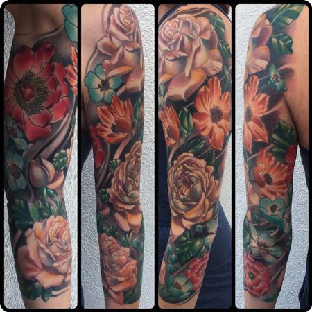 tattoos/ - Realistic color flower sleeve tattoo, Brent Olson Art Junkies Tattoo - 108041