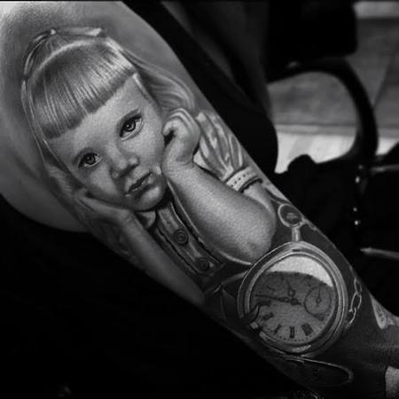 tattoos/ - Realistic color portrait of little girl and pocket watch tattoo, Brent Olson Art Junkies Tattoo  - 108572