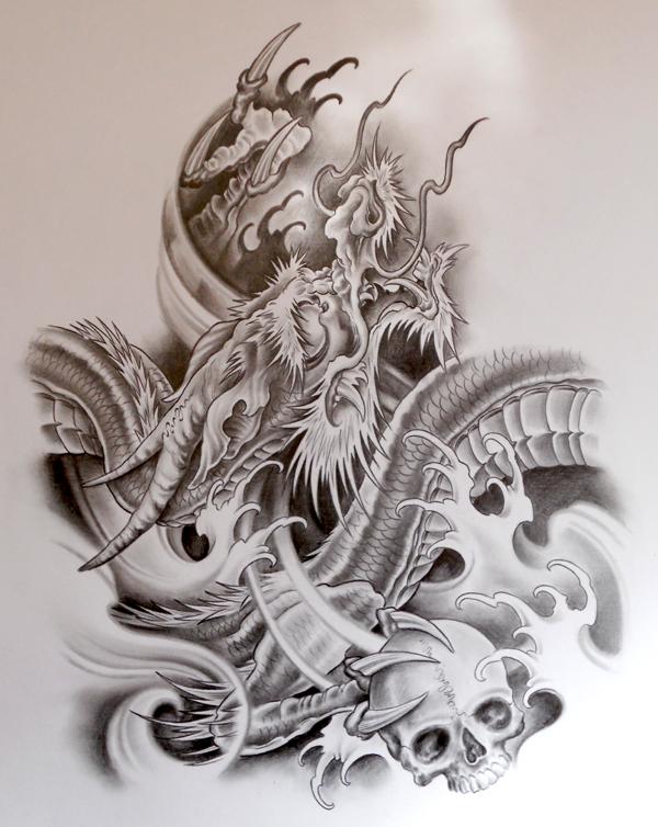 skull and dragon drawing