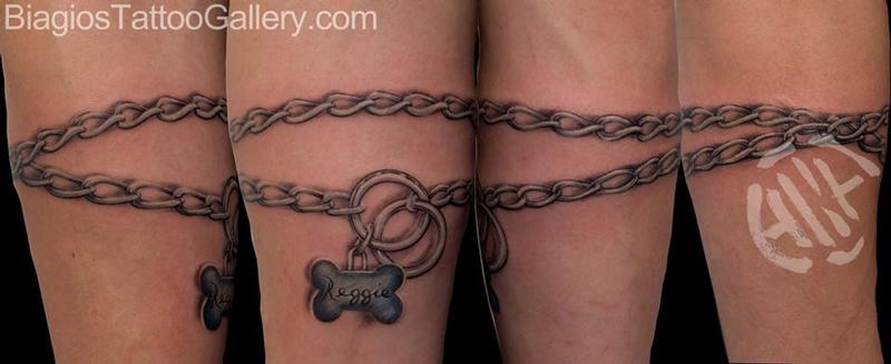 Grey Ink Chain Tattoo On Left Arm