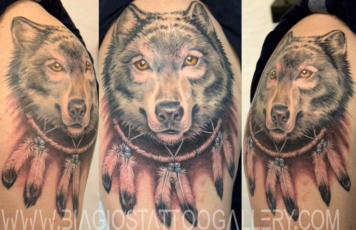 Sunbright Tattoo Factory  Got a great first pass on this custom wolf  dreamcatcher thigh piece today  More to this one soon so be sure and  stay tuned Thanks for looking