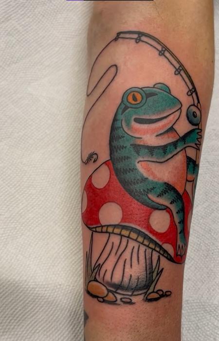 Traditional Style Frog Fishing on Mushroom by Justin Gorbey: TattooNOW