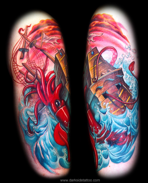 giant squid and ship tattoo