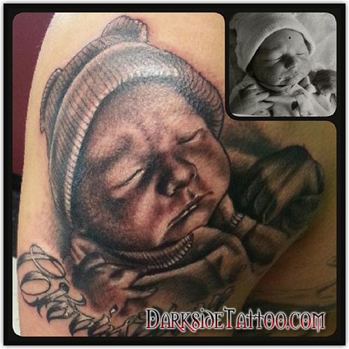 Black And Gray Baby Portrait Tattoo By Dave Racci Tattoonow