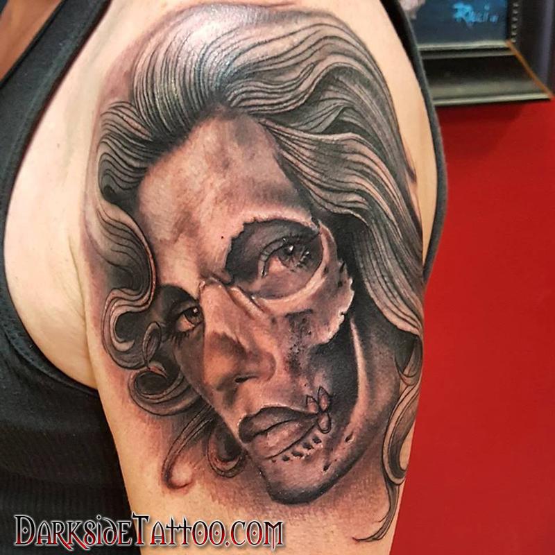 Grey Ink Zombie Girl Tattoo On Left Half Sleeve