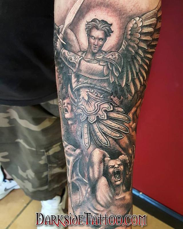 Black and Gray St Michael Tattoo by Dave Racci TattooNOW