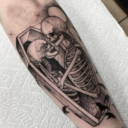 Two Skeleton Lovers embraced till death do us part By Michael at True Leaf  Studio in DentonTX  rtattoos