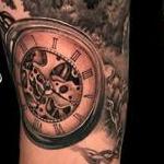 Tattoos - Black and Grey Realistic Mountain Landscape & Pocketwatch Tattoo - 142140