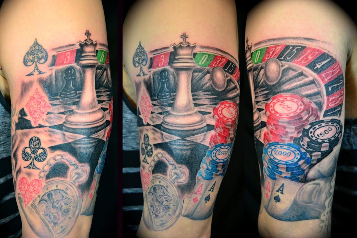 Grey Rose And Gambling Tattoo On Full Sleeve