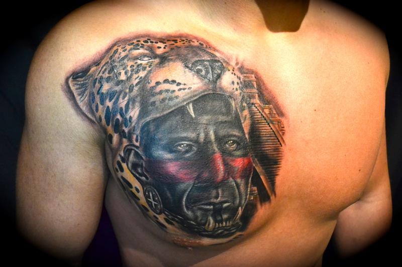 Neotraditional style jaguar tattoo on the chest