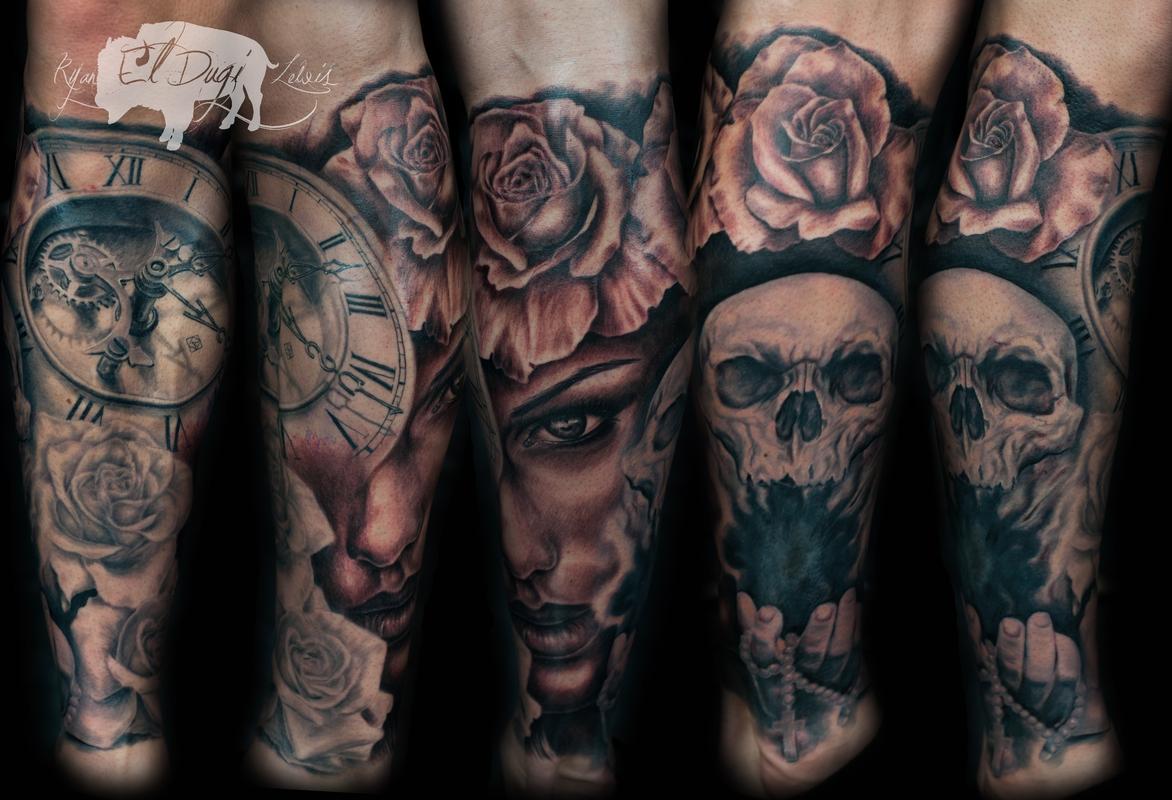 Skull with gears leg tattoo