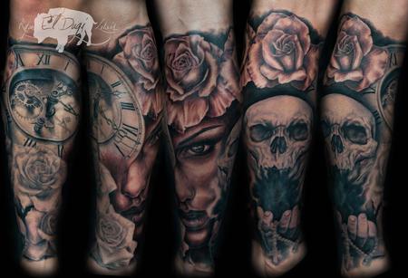 Ryan El Dugi Lewis : Tattoos : Half-Sleeve : Clock Skull Rose Girl Leg  Sleeve