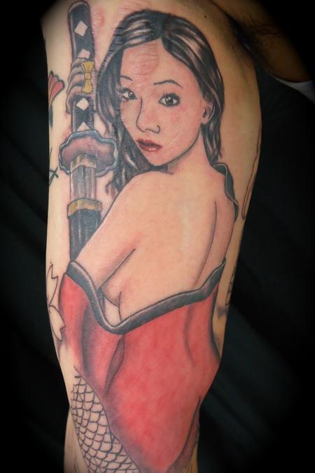 Tattoo uploaded by Tom Brennan • Samurai Girl 🔪🔪 on the back of my thigh  by swan _tattooer (Instagram) not a full shot the rest of the sword and  petals are on