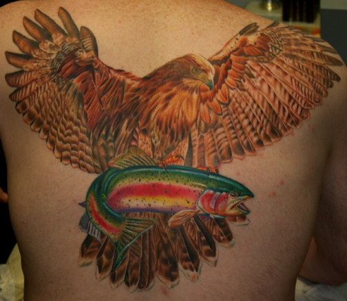 Red Tailed Hawk and Rainbow Trout by Tim Harris TattooNOW