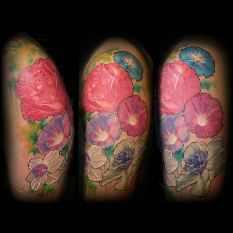 Realism Floral with Roses morning glory and jonquil with watercolor  accents by Haylo TattooNOW
