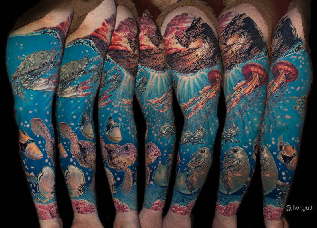 Full leg sleeve of realistic black and grey underwater tattoos Shark  angler fish scuba diver n  Sea tattoo sleeve Octopus tattoo sleeve  Ocean sleeve tattoos
