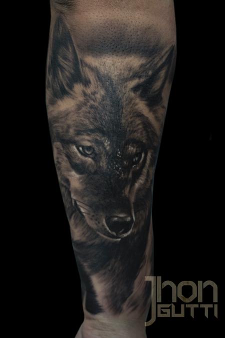 Unique Wolf and Pine Tree Leg Tattoos