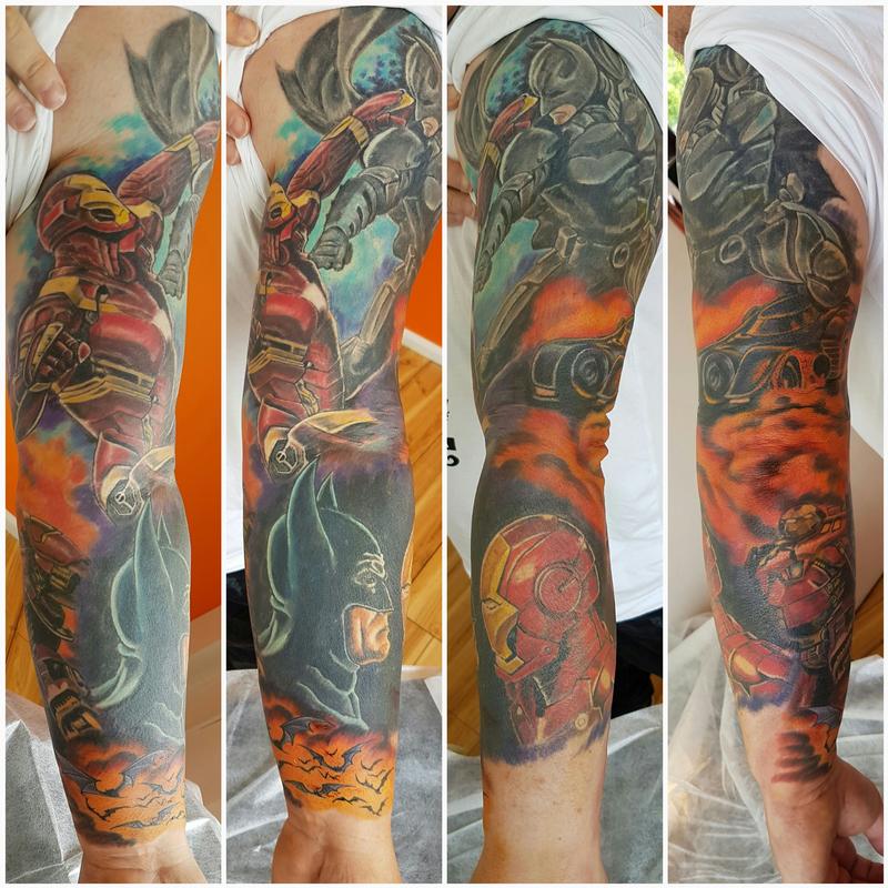 Batman vs Ironman Full Sleeve Color Tattoo by Steve Malley: TattooNOW