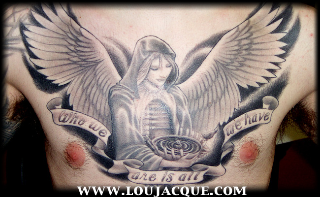praying angel chest tattoo