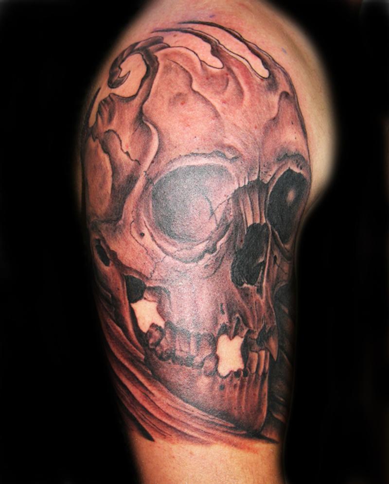 Lucky Bamboo Tattoo : Tattoos : Jared Preslar : Black and Gray Skull Tattoo