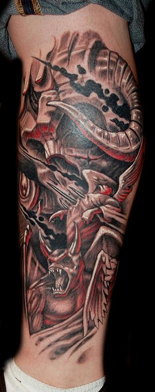 Grey Ink Angel And Demon Tattoo On Arm Sleeve