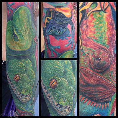 Tattoo uploaded by Stacie Mayer • Snake and leopard sleeve by Sam Clark.  #sleeve #snake #leopard #neotraditional #SamClark • Tattoodo