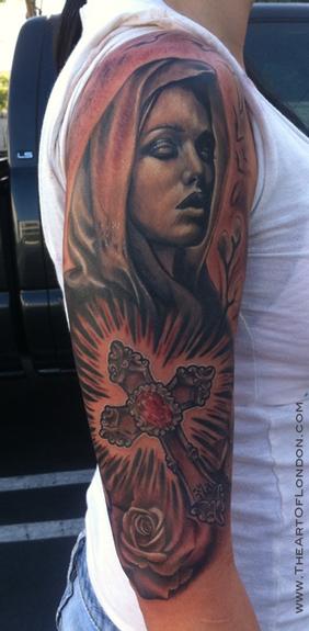 Black And Grey Duality Of Religion Half Sleeve By London Reese: Tattoonow