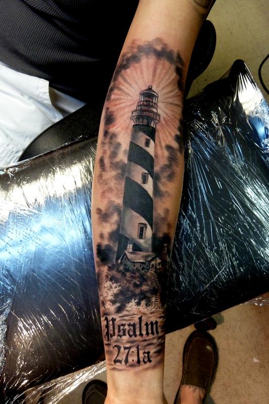 Traditional lighthouse by Denny Besnard at Even Keel Tattoo San Diego CA   rtattoos