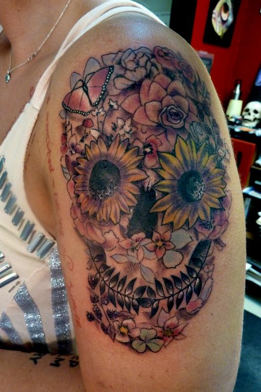 flower skull tattoo for men
