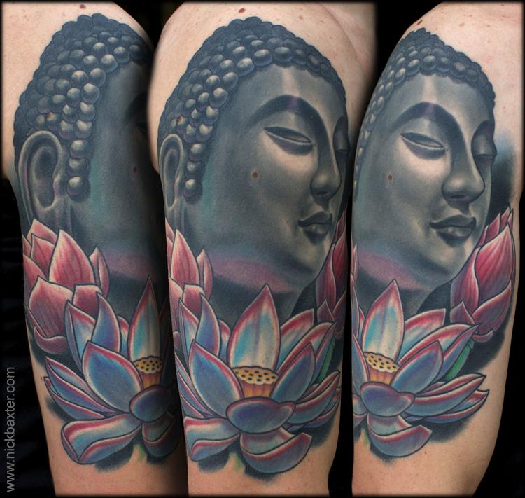 Buddha and Three Lotuses by Nick Baxter : Tattoos