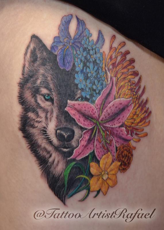 Grey And Black Mandala Flowers Wolf Tattoo