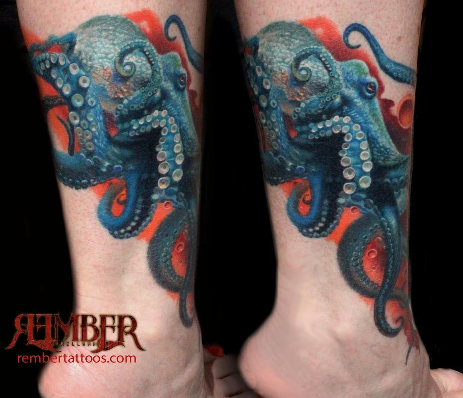 Realistic octopus tattoo on the left ankle