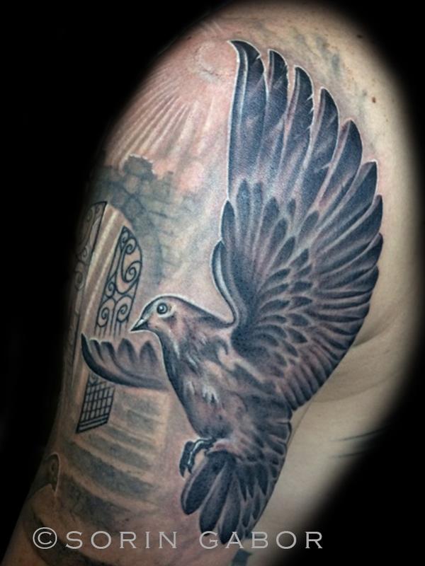 Realistic black and gray doves gate rays and clouds tattoo by Sorin  Gabor TattooNOW