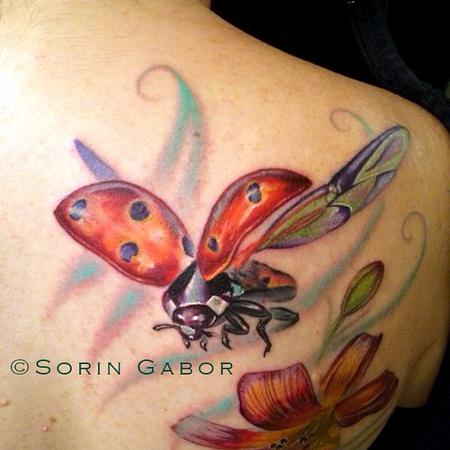 Realistic color flower and ladybug tattoo-ladybug detail by Sorin Gabor:  TattooNOW