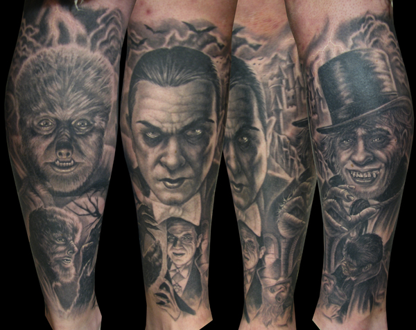 Horror Movie Tattoo Leg Sleeve  Movie tattoos Horror tattoo Tattoo  sleeve designs