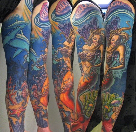 Tattoos by Alan Aldred : Tattoos : Body Part Arm Sleeve : The Little Mermaid  Sleeve Tattoo