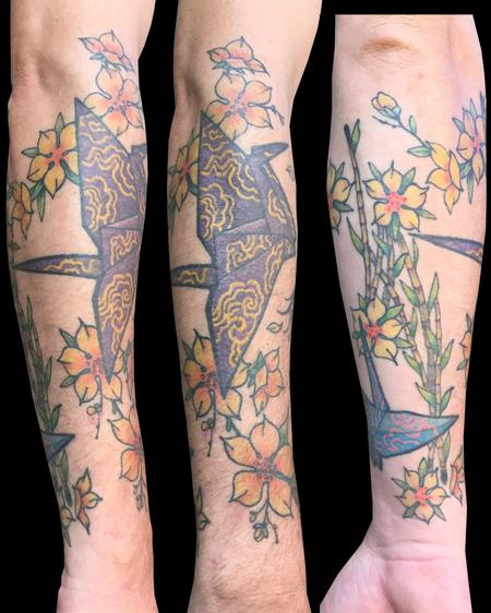 Paper crane & flowers by Adam Considine: TattooNOW