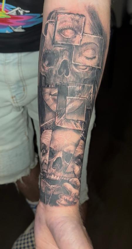tattoos/ - Black & Grey skull and split face tattoo by @steviemonietattoos - 148406