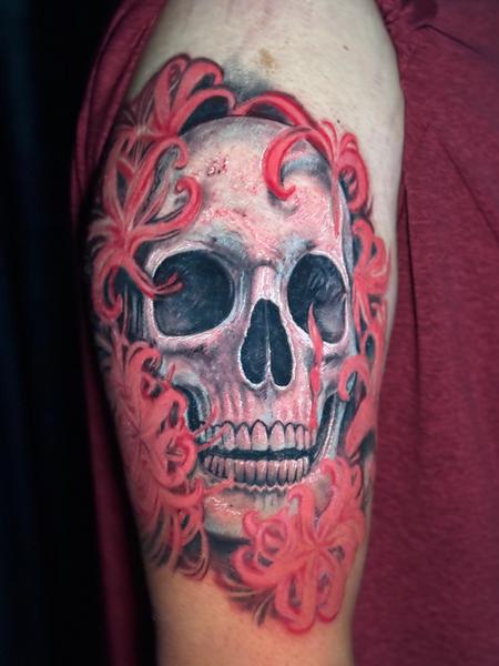 tattoos/ - Realistic Skull and Glowing Lillies by Stevie Monie  - 148361