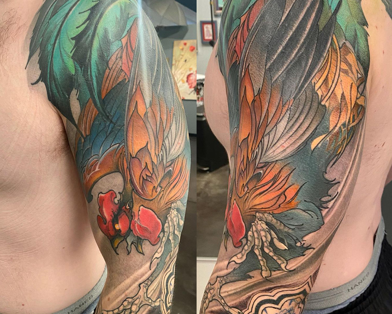 upper arm rooster tattoo by corey bernhardt