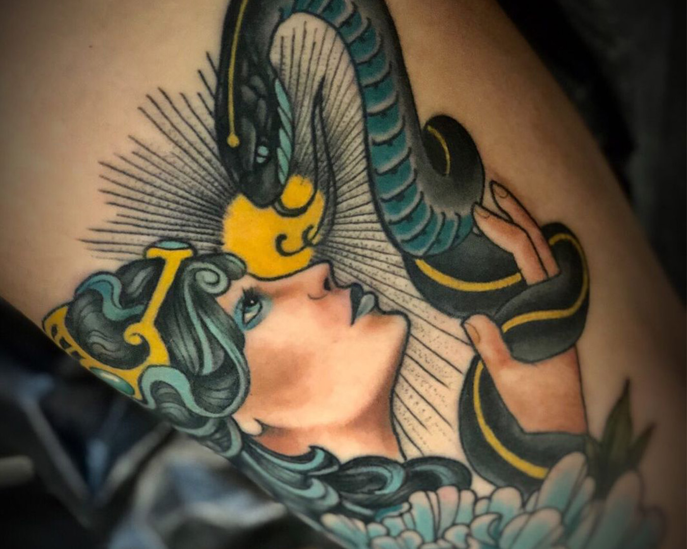 Snake and woman side profile tattoo by tim oconnor