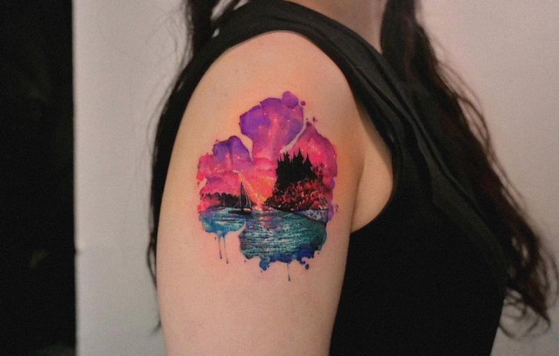 Watercolor wave with surfer during sunset by Kaitlin Butler EvolvInk  Studios My First Tattoo  rtattoos