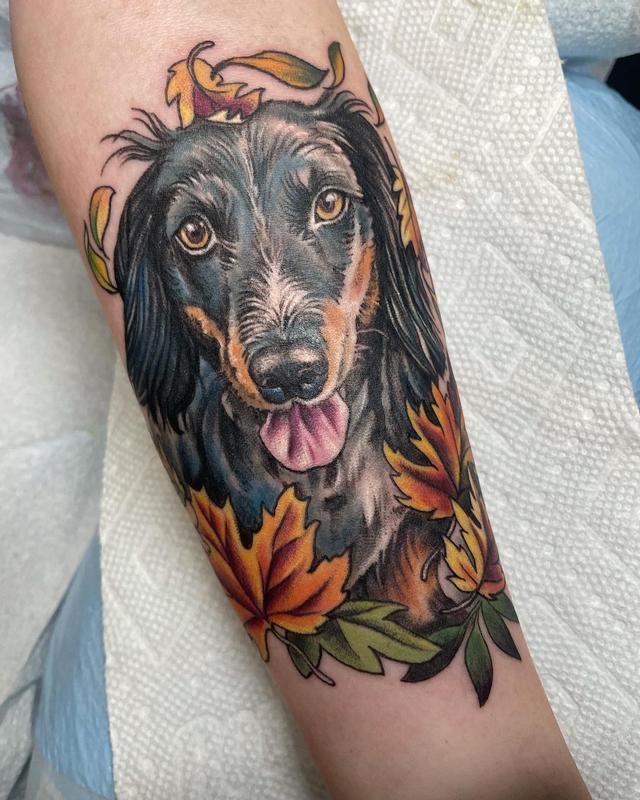 ColorOutline Dog Portrait Tattoo with Flowers   Toon Your Dog